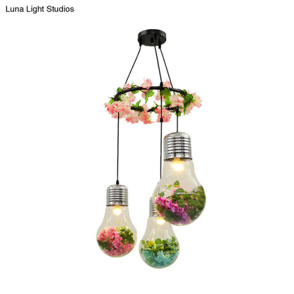 Industrial Pendant Ceiling Lamp - Clear Glass Bulb Cluster with 3 LED Lights, Black Finish and Flower Decoration