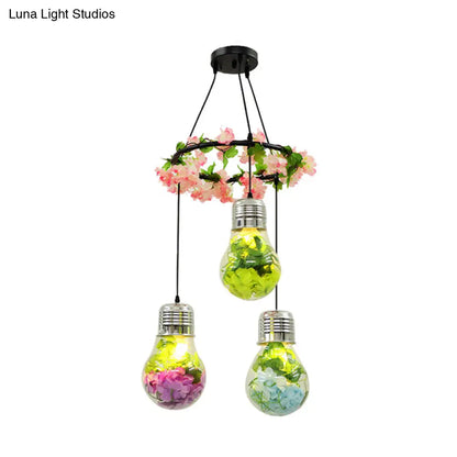 Industrial Pendant Ceiling Lamp - Clear Glass Bulb Cluster with 3 LED Lights, Black Finish and Flower Decoration