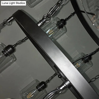 ثريا DecorBites™ الصناعية المعلقة: مصباح متعدد الأضواء بعجلات من طبقتين مع زجاج شفاف، ولمسة نهائية سوداء، وغطاء أسطواني