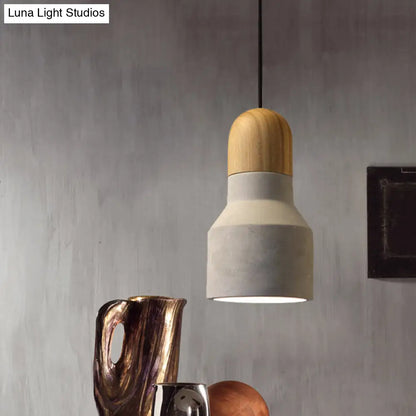 Industrial Pendant Lamp with Wood Top - Cement Grey Cone/Trapezoid/Can Shape, 1-Head, 8.5"/10"/12" High