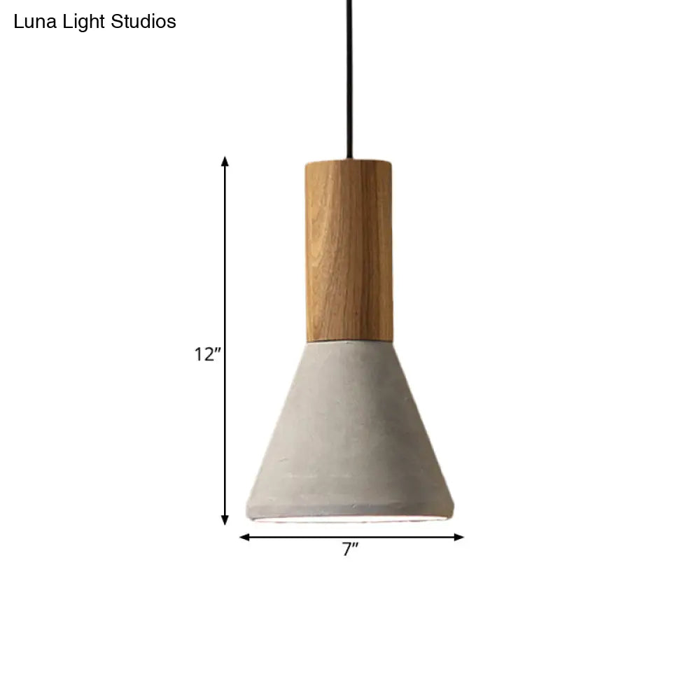 Industrial Pendant Lamp with Wood Top - Cement Grey Cone/Trapezoid/Can Shape, 1-Head, 8.5"/10"/12" High