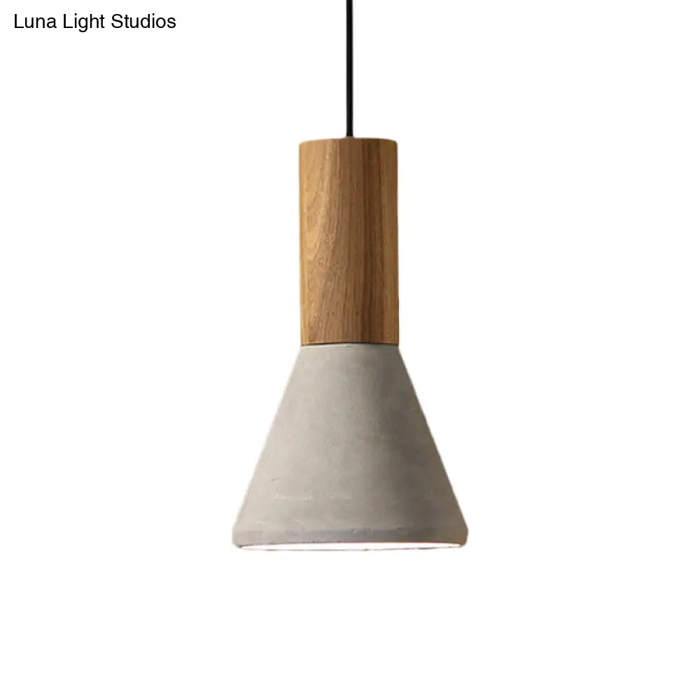 Industrial Pendant Lamp with Wood Top - Cement Grey Cone/Trapezoid/Can Shape, 1-Head, 8.5"/10"/12" High