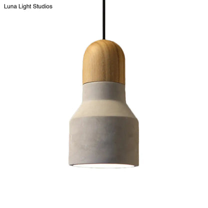 Industrial Pendant Lamp with Wood Top - Cement Grey Cone/Trapezoid/Can Shape, 1-Head, 8.5"/10"/12" High