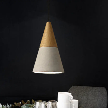 Industrial Pendant Lamp with Wood Top - Cement Grey Cone/Trapezoid/Can Shape, 1-Head, 8.5"/10"/12" High