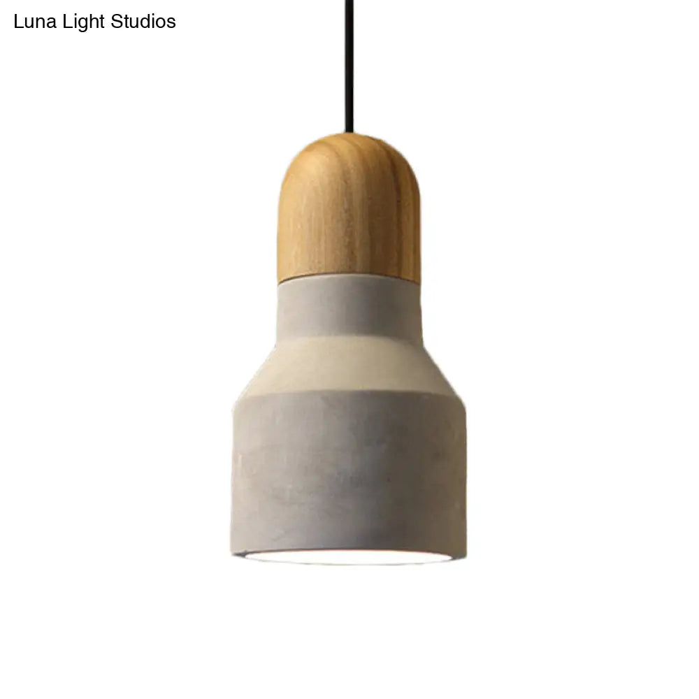 Industrial Pendant Lamp with Wood Top - Cement Grey Cone/Trapezoid/Can Shape, 1-Head, 8.5"/10"/12" High