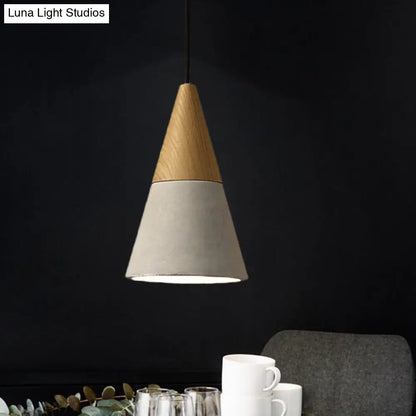 Industrial Pendant Lamp with Wood Top - Cement Grey Cone/Trapezoid/Can Shape, 1-Head, 8.5"/10"/12" High