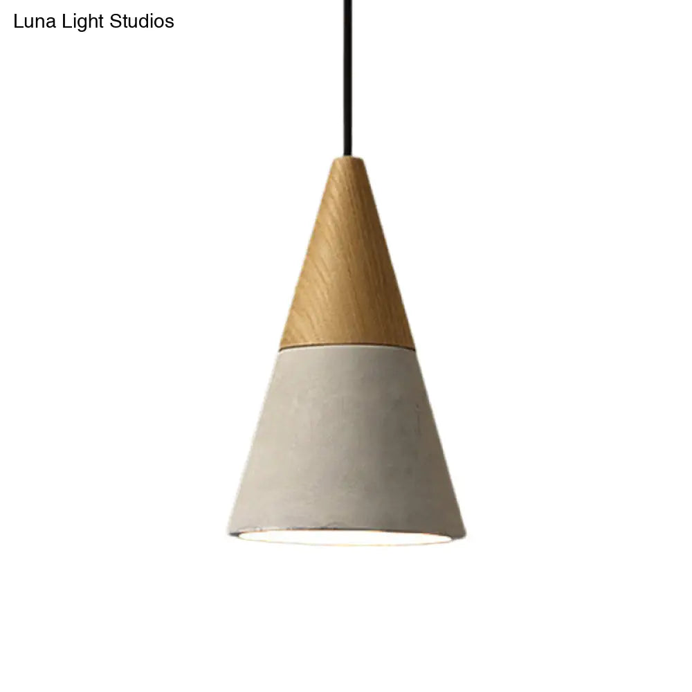 Industrial Pendant Lamp with Wood Top - Cement Grey Cone/Trapezoid/Can Shape, 1-Head, 8.5"/10"/12" High