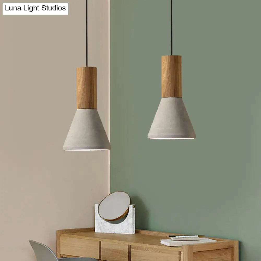 Industrial Pendant Lamp with Wood Top - Cement Grey Cone/Trapezoid/Can Shape, 1-Head, 8.5"/10"/12" High