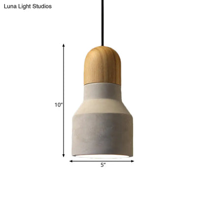 Industrial Pendant Lamp with Wood Top - Cement Grey Cone/Trapezoid/Can Shape, 1-Head, 8.5"/10"/12" High