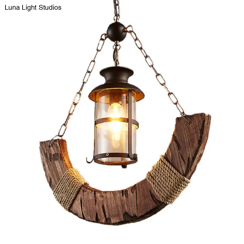 Industrial Pendant Light: Clear Glass Cylinder with Distressed Wood Finish - Perfect for Restaurants and Ceilings