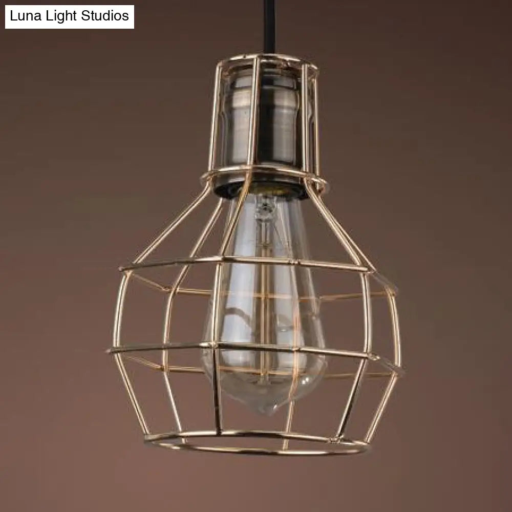 Industrial Pendant Light Fixture: Brass Finish Globe on Wire Frame - 1 Bulb Kitchen Hanging Lamp