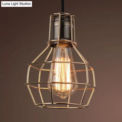 Industrial Pendant Light Fixture: Brass Finish Globe on Wire Frame - 1 Bulb Kitchen Hanging Lamp