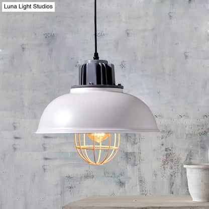 Industrial Pendant Light - White/Black Factory Iron Bowl Shape Ceiling Lamp with Wire Cage Frame