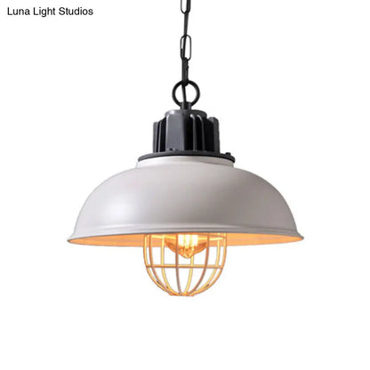 Industrial Pendant Light - White/Black Factory Iron Bowl Shape Ceiling Lamp with Wire Cage Frame