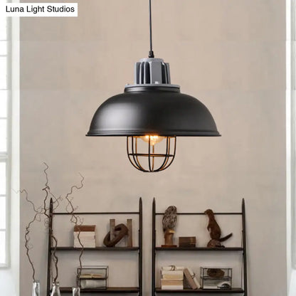 Industrial Pendant Light - White/Black Factory Iron Bowl Shape Ceiling Lamp with Wire Cage Frame