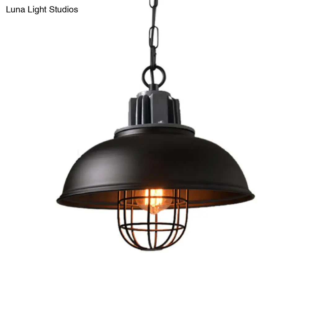 Industrial Pendant Light - White/Black Factory Iron Bowl Shape Ceiling Lamp with Wire Cage Frame