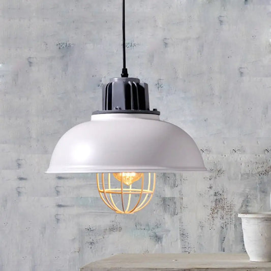 Industrial Pendant Light - White/Black Factory Iron Bowl Shape Ceiling Lamp with Wire Cage Frame