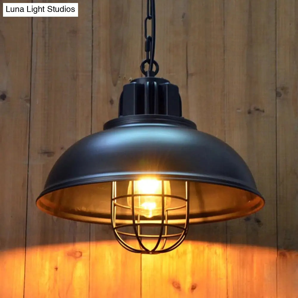 Industrial Pendant Light - White/Black Factory Iron Bowl Shape Ceiling Lamp with Wire Cage Frame