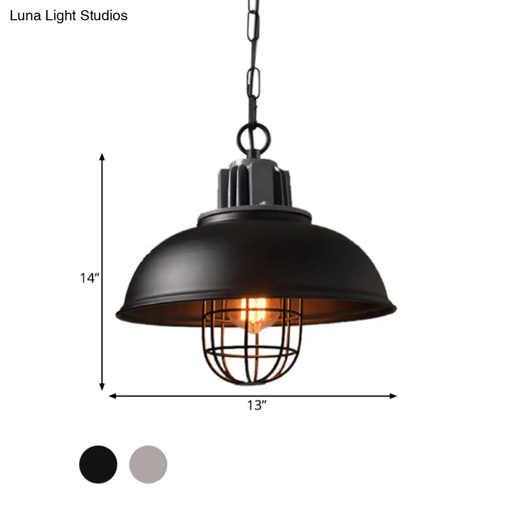 Industrial Pendant Light - White/Black Factory Iron Bowl Shape Ceiling Lamp with Wire Cage Frame