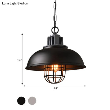 Industrial Pendant Light - White/Black Factory Iron Bowl Shape Ceiling Lamp with Wire Cage Frame