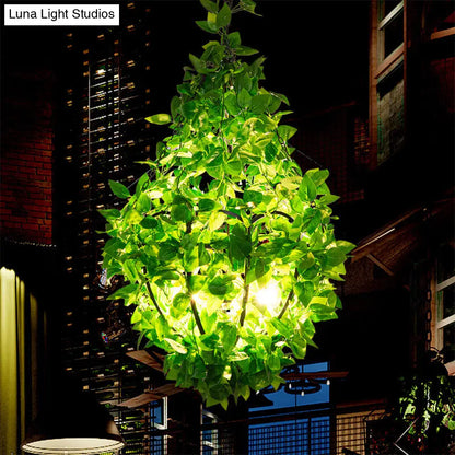 Industrial Pendant Light with 3 Basket Shaped Iron Green Plant Chandeliers, Perfect for Restaurants