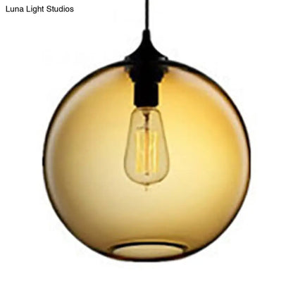 Industrial Pendant Light with Globe Glass Shade in Red, Blue, or Grey - 8"/10" Wide - Black