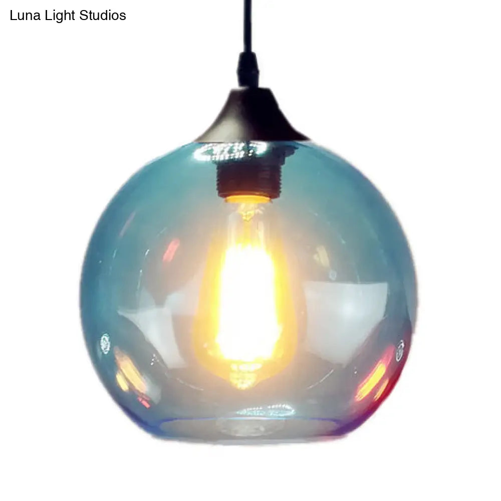 Industrial Pendant Light with Globe Glass Shade in Red, Blue, or Grey - 8"/10" Wide - Black