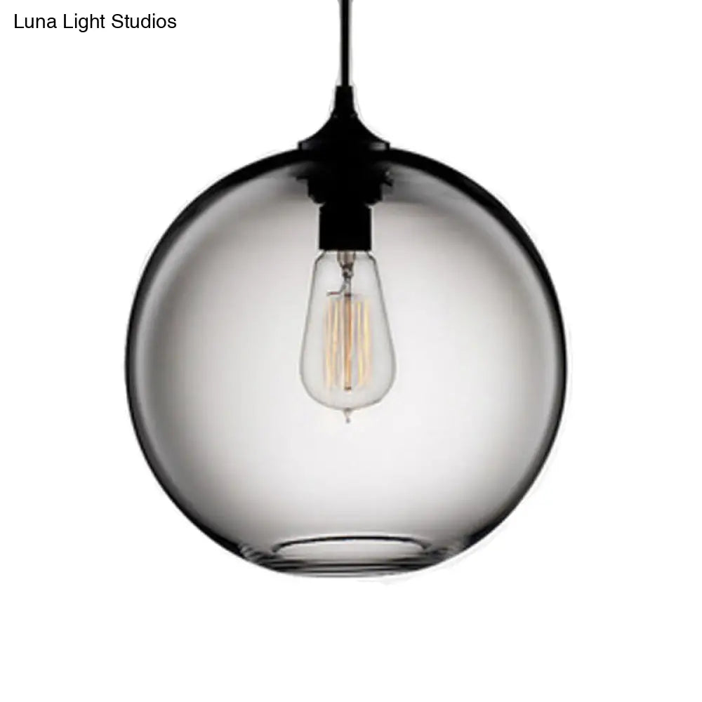 Industrial Pendant Light with Globe Glass Shade in Red, Blue, or Grey - 8"/10" Wide - Black