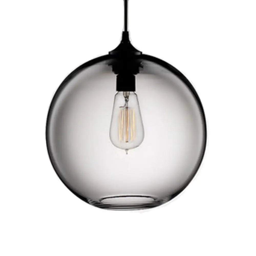 Industrial Pendant Light with Globe Glass Shade in Red, Blue, or Grey - 8"/10" Wide - Black