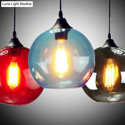 Industrial Pendant Light with Globe Glass Shade in Red, Blue, or Grey - 8"/10" Wide - Black