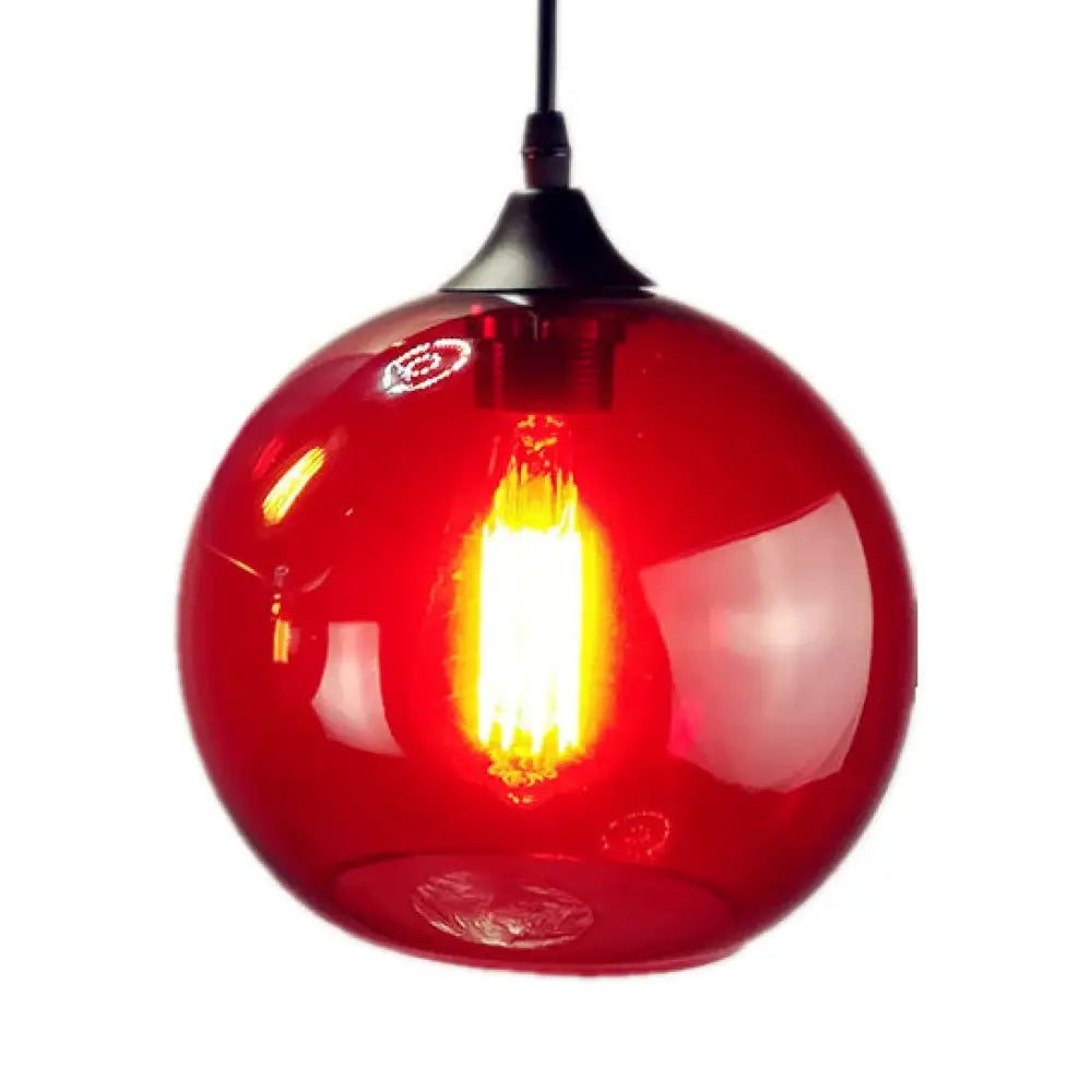 Industrial Pendant Light with Globe Glass Shade in Red, Blue, or Grey - 8"/10" Wide - Black