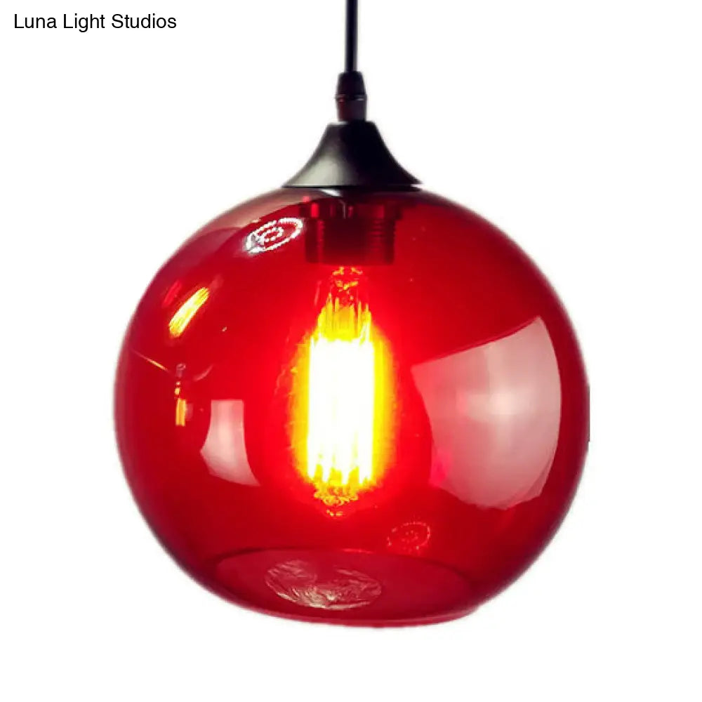 Industrial Pendant Light with Globe Glass Shade in Red, Blue, or Grey - 8"/10" Wide - Black