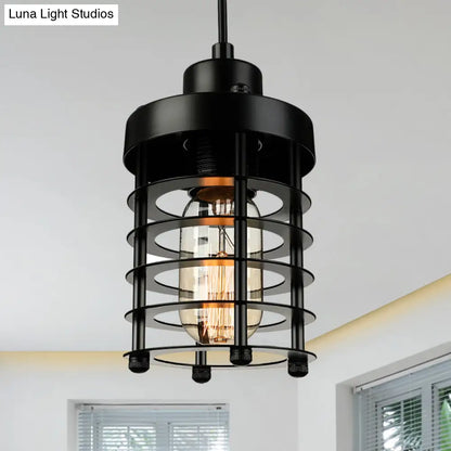 Industrial Pendant Light with Metallic Cage Shade - Matte Black/Rust, Ideal for Table Lighting