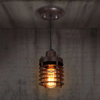 Industrial Pendant Light with Metallic Cage Shade - Matte Black/Rust, Ideal for Table Lighting