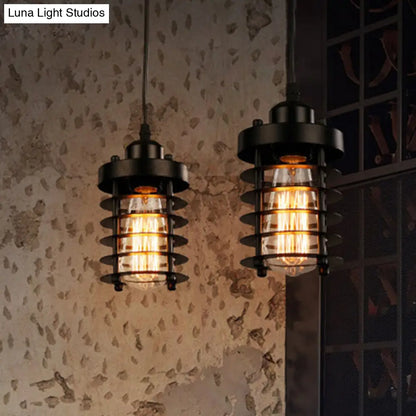 Industrial Pendant Light with Metallic Cage Shade - Matte Black/Rust, Ideal for Table Lighting