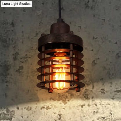 Industrial Pendant Light with Metallic Cage Shade - Matte Black/Rust, Ideal for Table Lighting