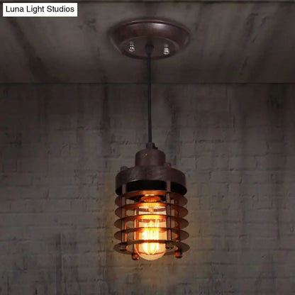 Industrial Pendant Light with Metallic Cage Shade - Matte Black/Rust, Ideal for Table Lighting