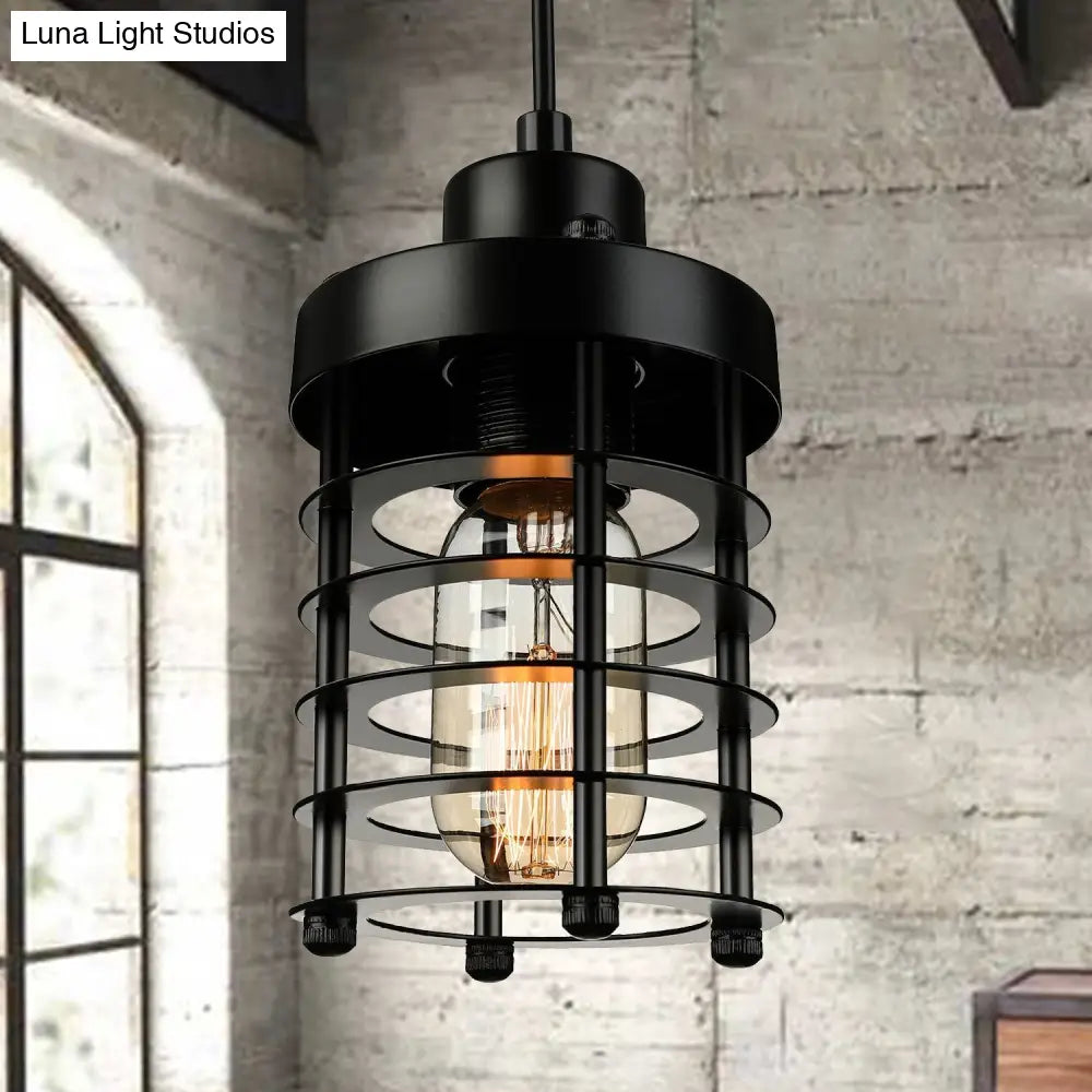 Industrial Pendant Light with Metallic Cage Shade - Matte Black/Rust, Ideal for Table Lighting