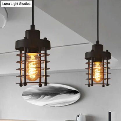 Industrial Pendant Light with Metallic Cage Shade - Matte Black/Rust, Ideal for Table Lighting