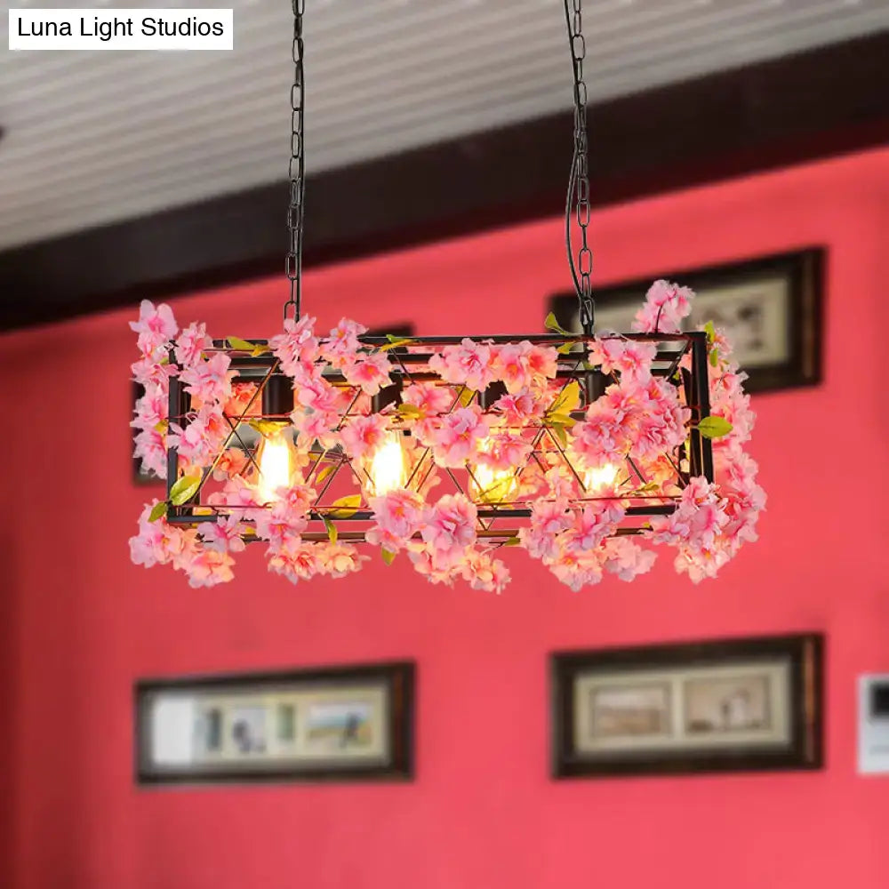 DecorBites industrial metal led hanging lamp in pink brown with rectangular frame and artificial cherry blossom flowers