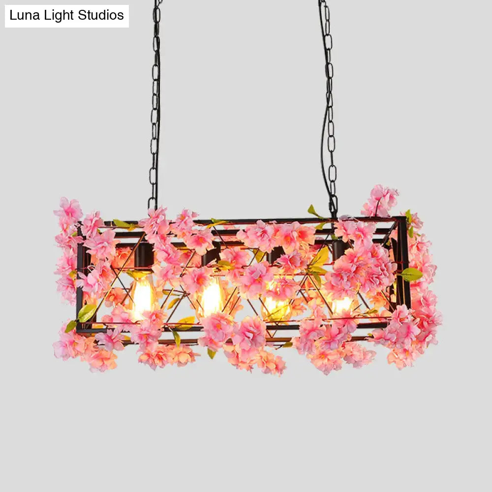 DecorBites™ industrial metal led hanging lamp in pink brown with black frame and pink cherry blossom flower decoration