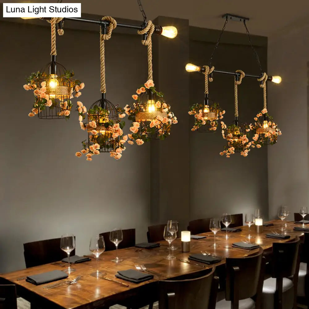 Industrial Pink Cage Chandelier with Artificial Cherry Blossom Pendant Light - Ideal for Restaurants