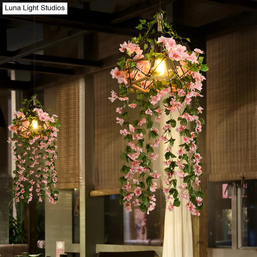 Industrial Pink Cage Chandelier with Artificial Cherry Blossom Pendant Light - Ideal for Restaurants