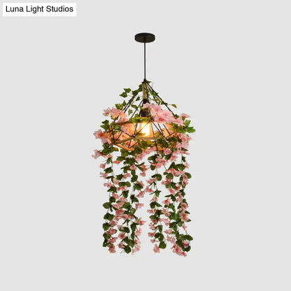 Industrial Pink Cage Chandelier with Artificial Cherry Blossom Pendant Light - Ideal for Restaurants