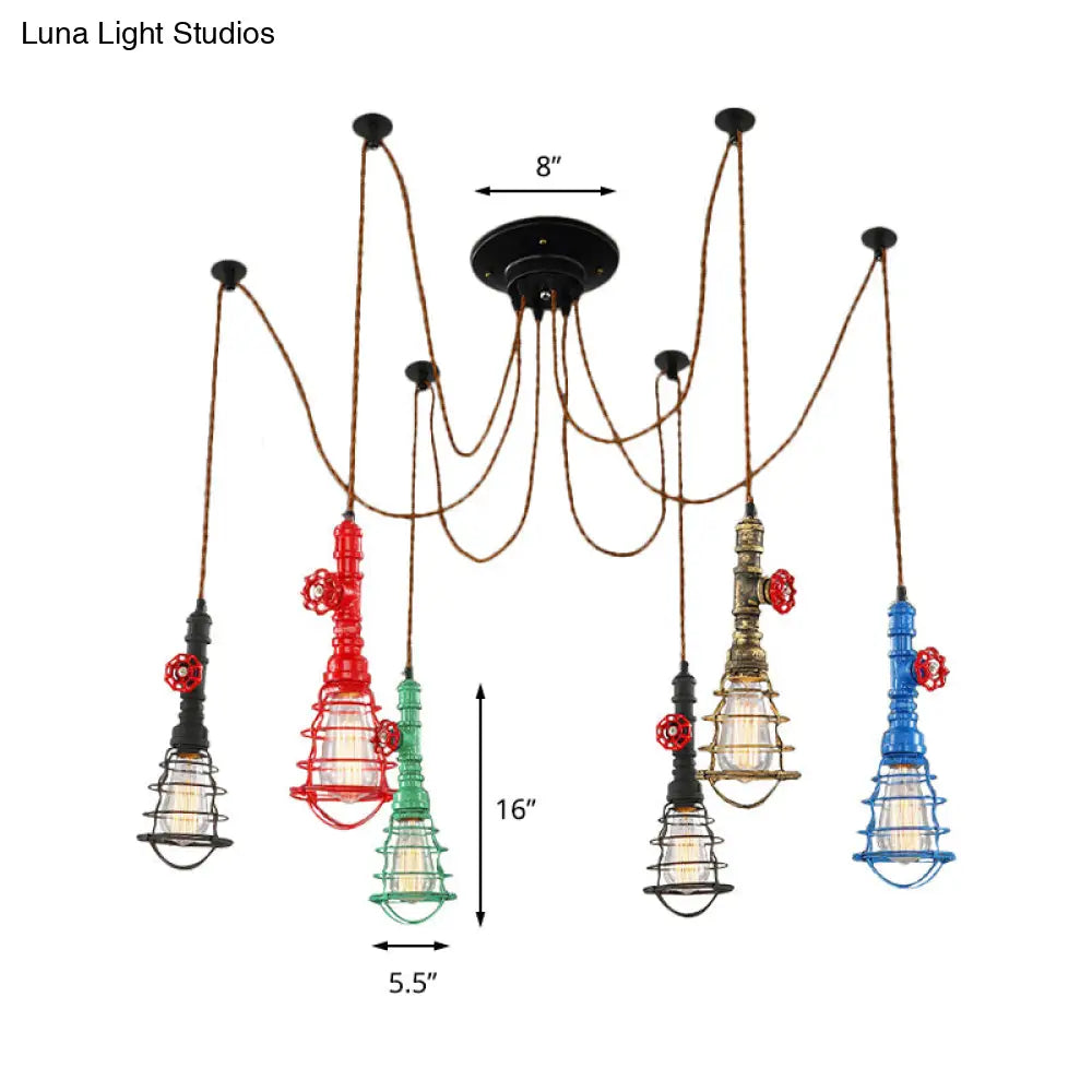 Industrial Pipe Pendant Ceiling Light 6-Light Iron Hanging Lamp, Black Shade Optional, for Living Room