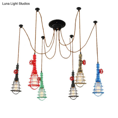 Industrial Pipe Pendant Ceiling Light 6-Light Iron Hanging Lamp, Black Shade Optional, for Living Room