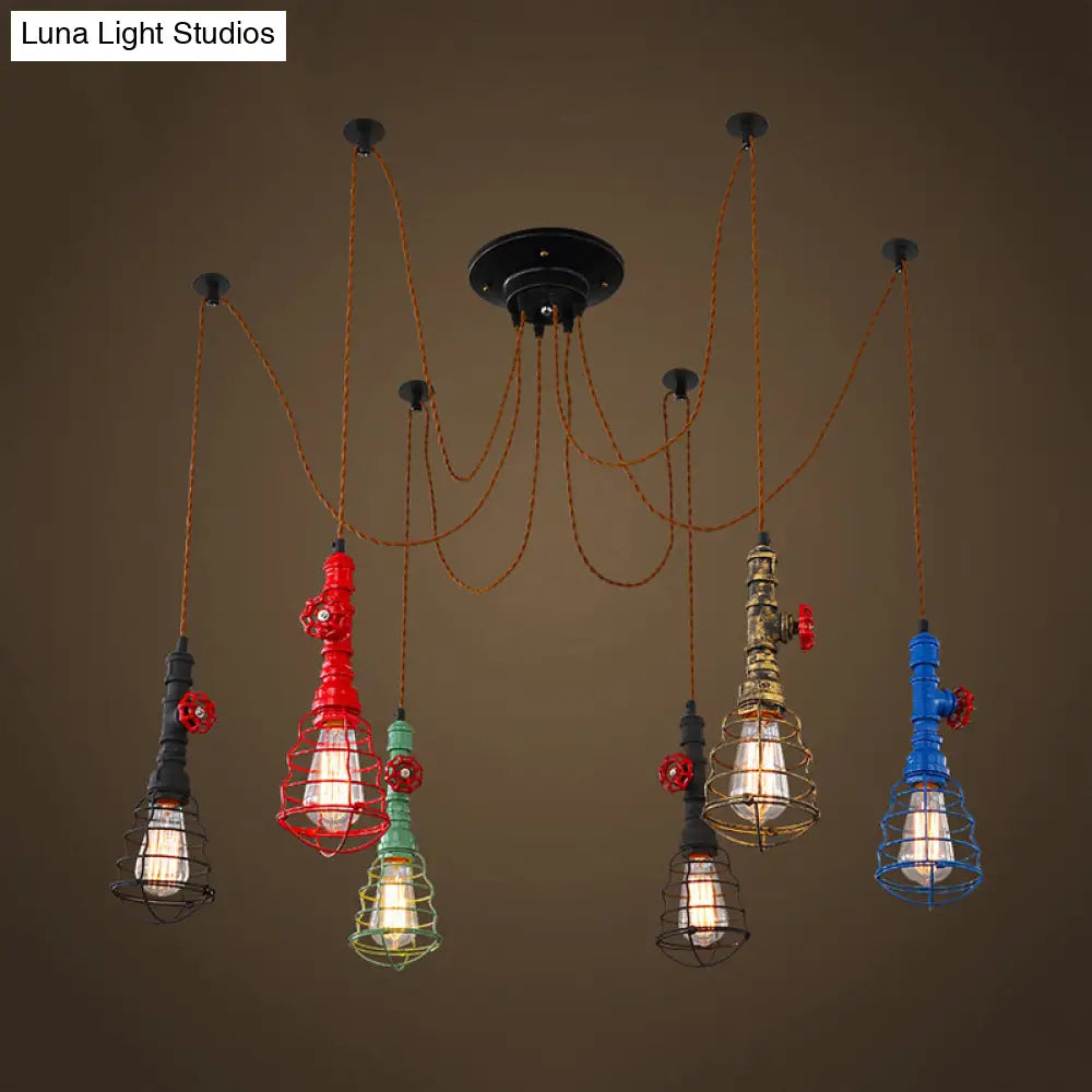 Industrial Pipe Pendant Ceiling Light 6-Light Iron Hanging Lamp, Black Shade Optional, for Living Room