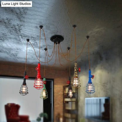 Industrial Pipe Pendant Ceiling Light 6-Light Iron Hanging Lamp, Black Shade Optional, for Living Room