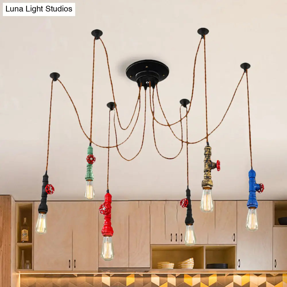 Industrial Pipe Pendant Ceiling Light 6-Light Iron Hanging Lamp, Black Shade Optional, for Living Room