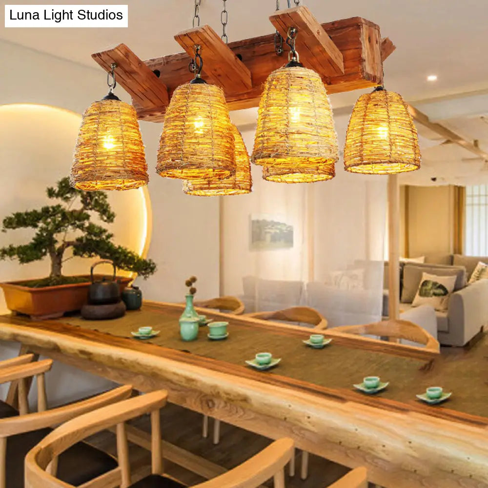 Industrial Rattan Pendant Light for Dining Room - Bell Shade Chandelier Fixture